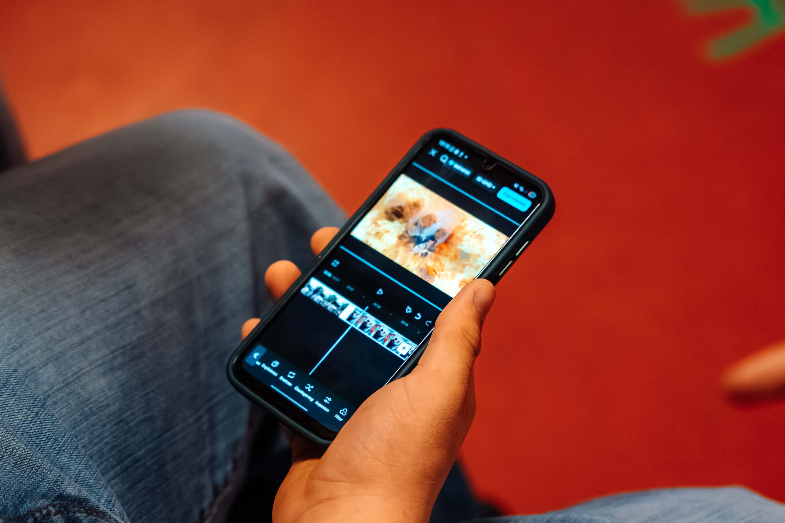 junger Mensch hält Smartphone mit geöfnetem Musikprogramm in der Hand